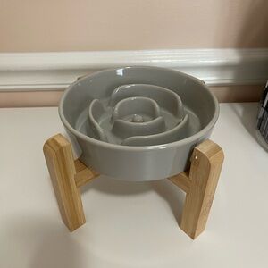 Gray Dog Bowl with Wooden Stand